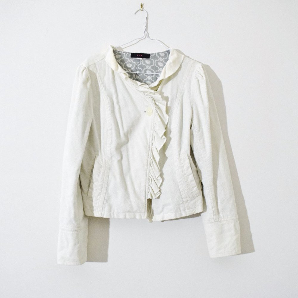 LUX Cream White Ruffle Corduroy Cotton Jacket | Size S